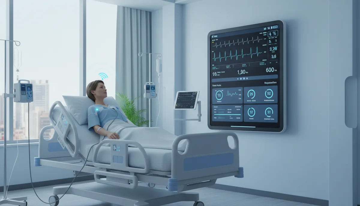 Медицинские IoT-датчики, прикроватный монитор, цифровая панель показателей, стационарная палата